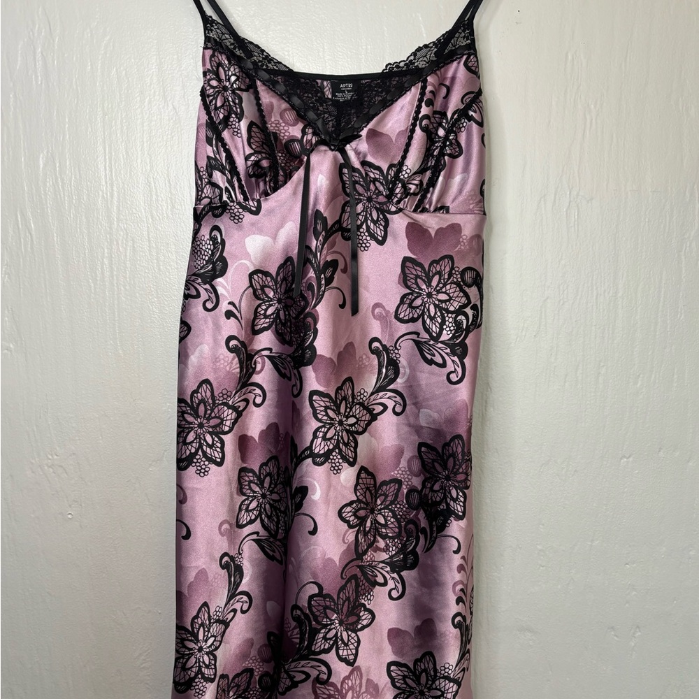 Apt. 9 Pink Satin Babydoll Floral Slip Dress with Black Lace Trim Romantic Sz L